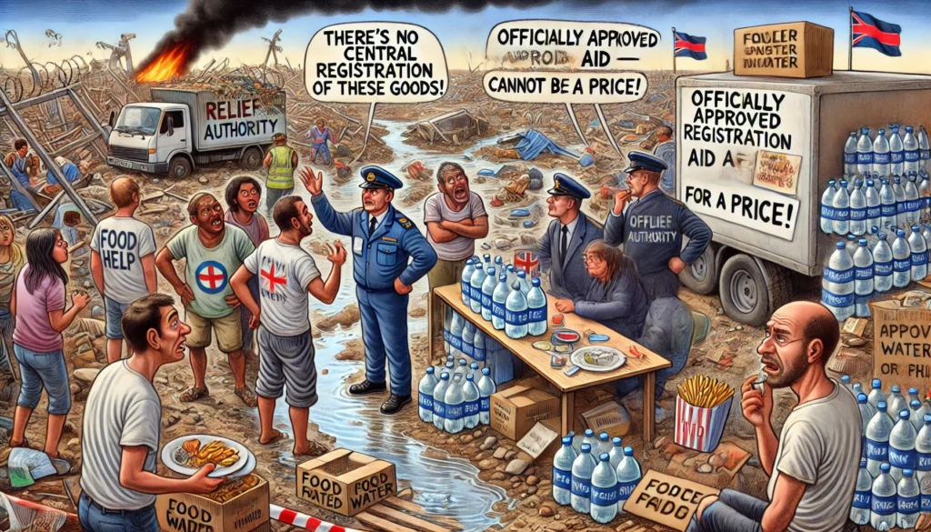 Een satirische, hyperrealistische cartoon over hoe spontane hulpverlening wordt tegengewerkt door bureaucratie en commerciële belangen na een ramp.