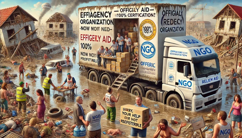 Een NGO-truck in een rampgebied levert lege dozen af terwijl slachtoffers betalen voor overprijsd water en friet.