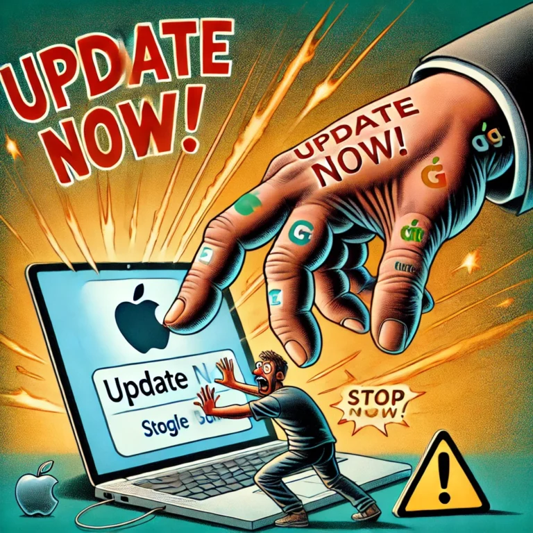 Een man in paniek terwijl een enorme ‘Update Nu!’-knop op zijn scherm wordt gedrukt door een gigantische hand met het logo van een techbedrijf.