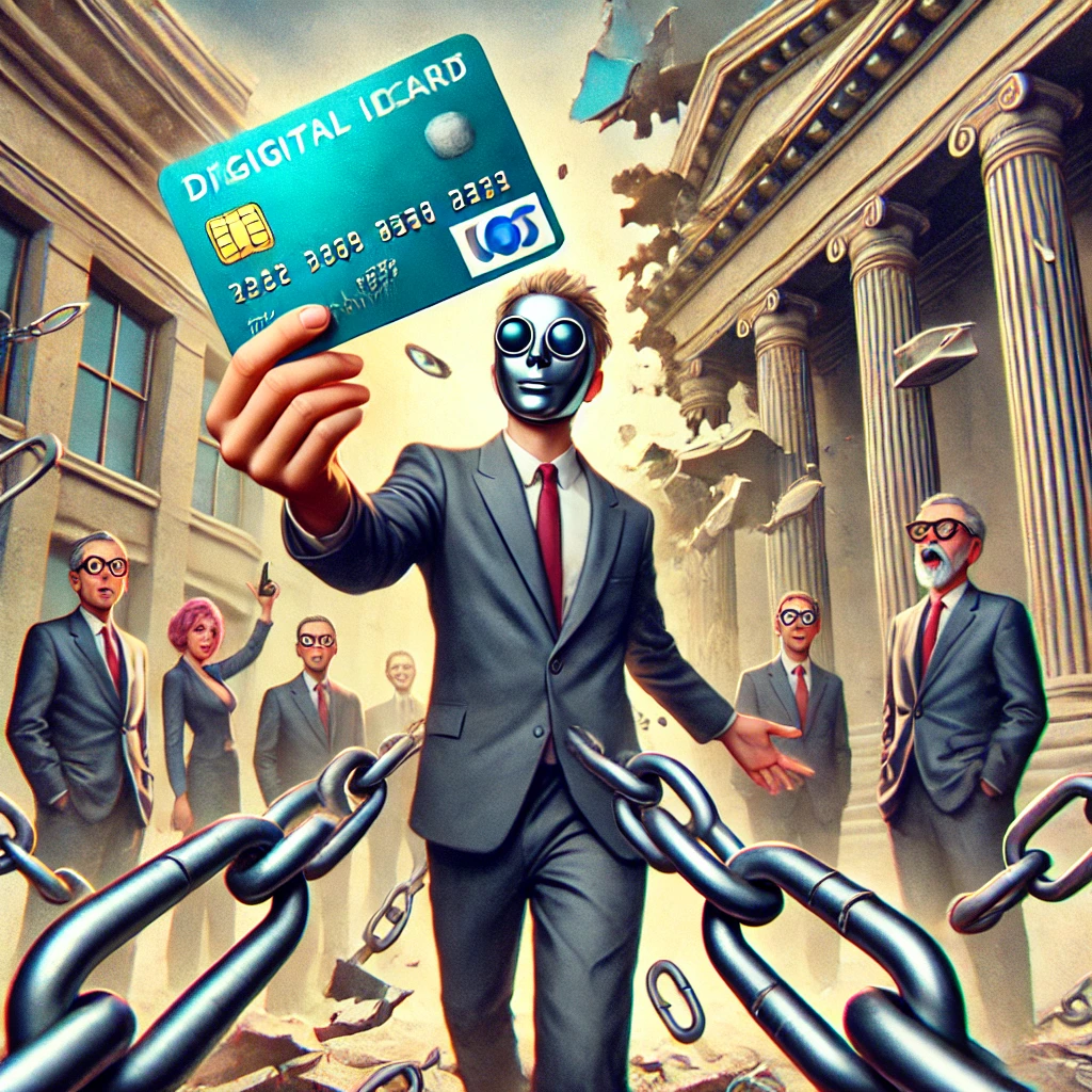 Cartoon van een persoon die zichzelf een identiteitskaart geeft, met verbaasde traditionele instanties op de achtergrond en gebroken kettingen die bevrijding symboliseren.