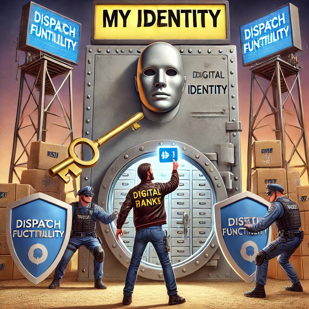 Cartoon van een persoon met een digitale sleutel voor een kluis genaamd "Mijn Identiteit", terwijl traditionele databanken worden tegengehouden door een schild met "Dispatch-functionaliteit".