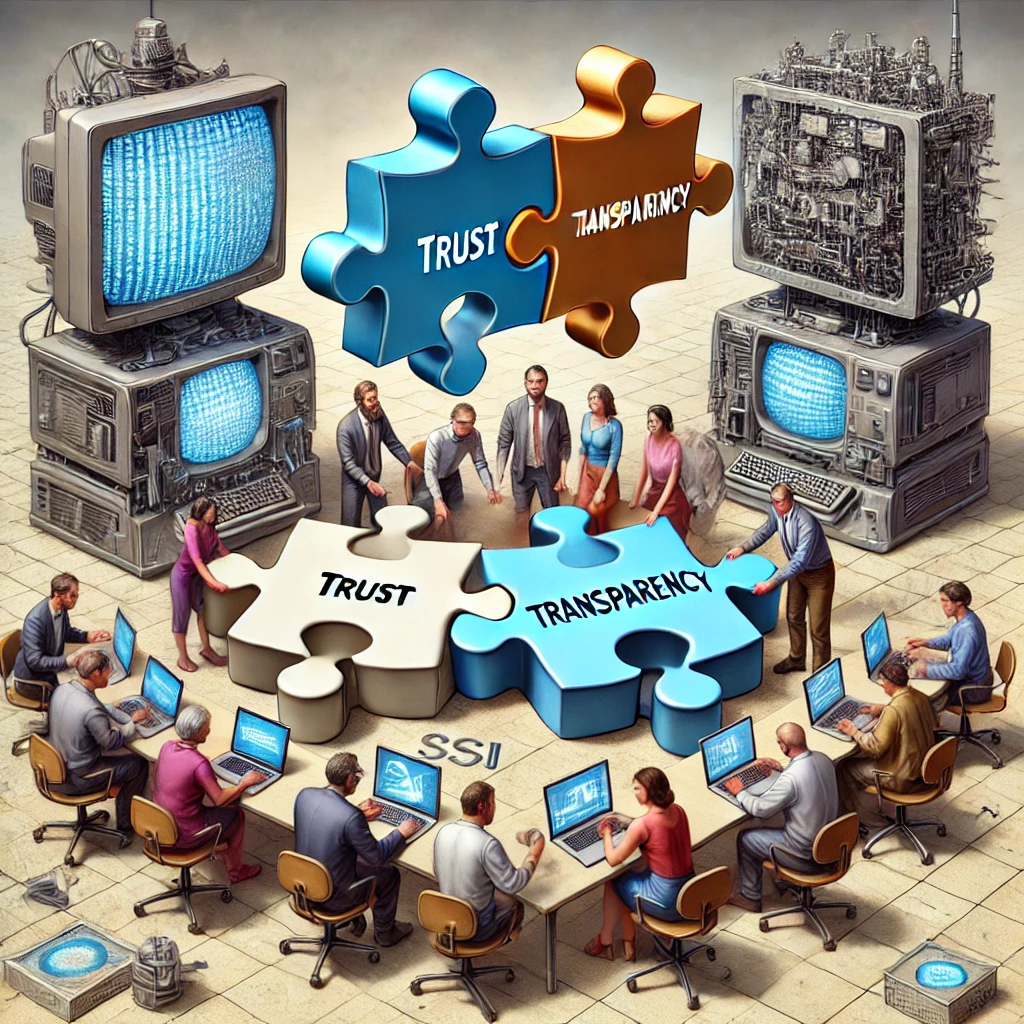 Cartoon van mensen die een digitale puzzel leggen met waarden zoals 'vertrouwen' en 'autonomie', terwijl op de achtergrond verouderde identiteitsmachines staan.