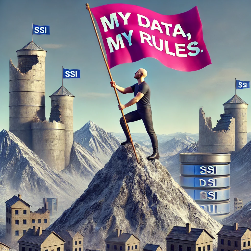 Cartoon van een persoon die een vlag plant met "Mijn Gegevens, Mijn Regels" op een digitale bergtop, met vervallen databank-kastelen op de achtergrond.