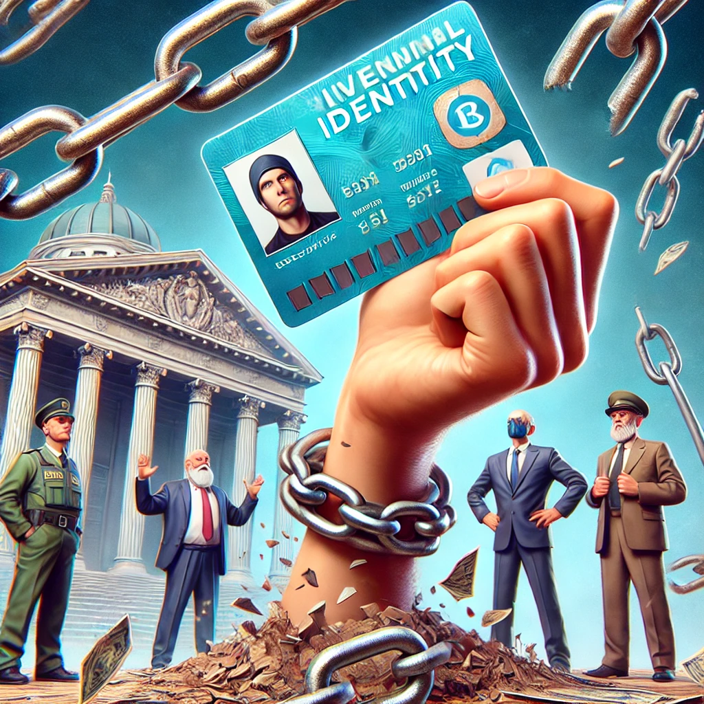 Cartoon van een persoon die zichzelf een identiteitskaart geeft, met verbaasde traditionele instanties op de achtergrond en gebroken kettingen die bevrijding symboliseren.