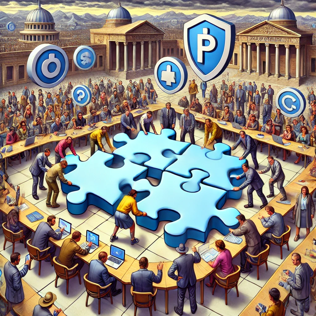 Cartoon van een team dat een puzzel legt met stukken als 'privacy' en 'controle', terwijl traditionele identiteitsinstanties verbaasd toekijken.