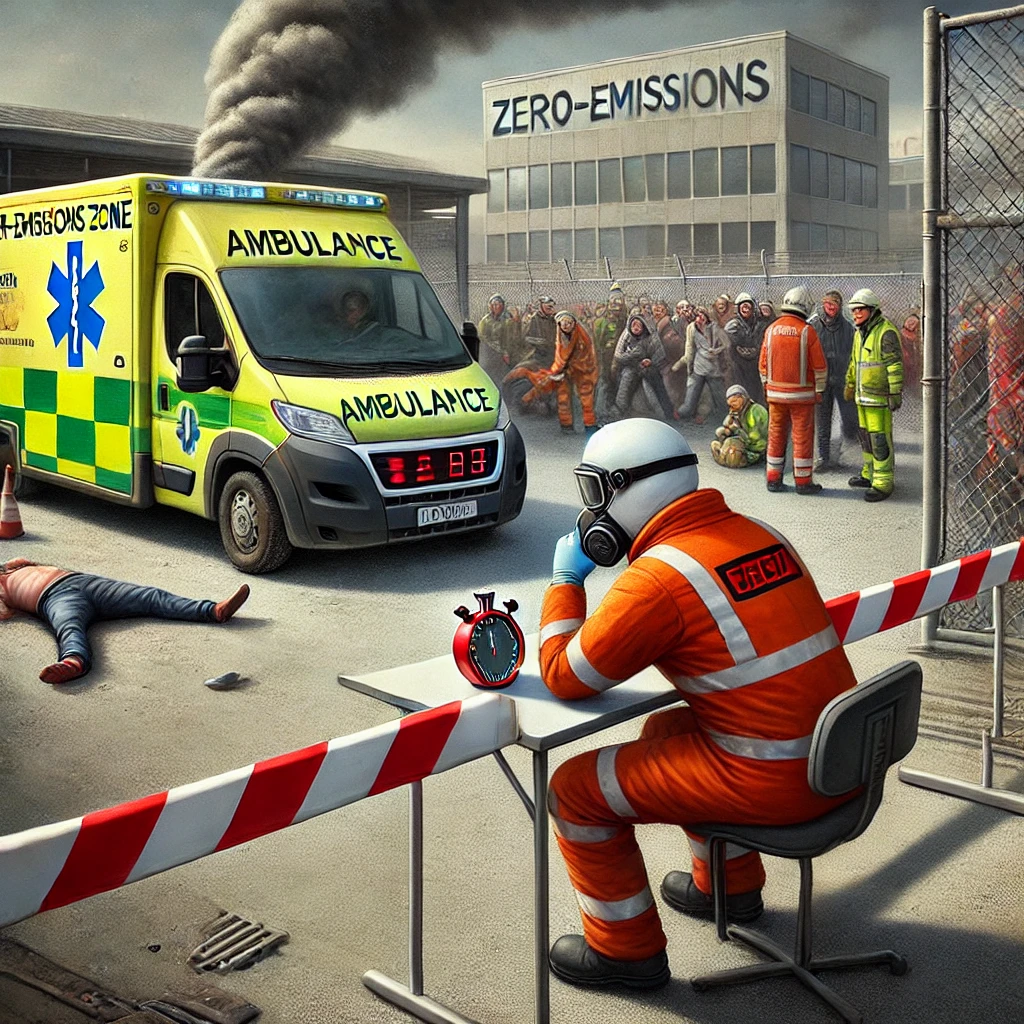 Cartoon van een hulpverlener die wordt tegengehouden door een zero-emissiezone terwijl op de achtergrond een noodsituatie plaatsvindt.