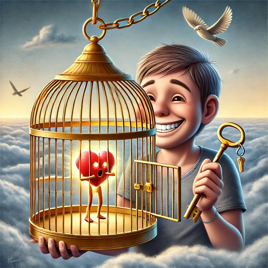Cartoon van een persoon die een gouden vogelkooi met een fladderend hart erin vasthoudt, terwijl ze nerveus de sleutel tegen zich aan drukken. Op de achtergrond een open lucht die vrijheid symboliseert.