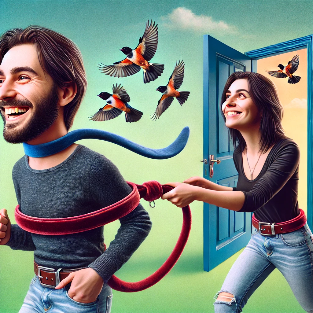 Cartoon van een stel met één partner die de ander aan een fluwelen ketting houdt, met symbolen van vrijheid op de achtergrond.