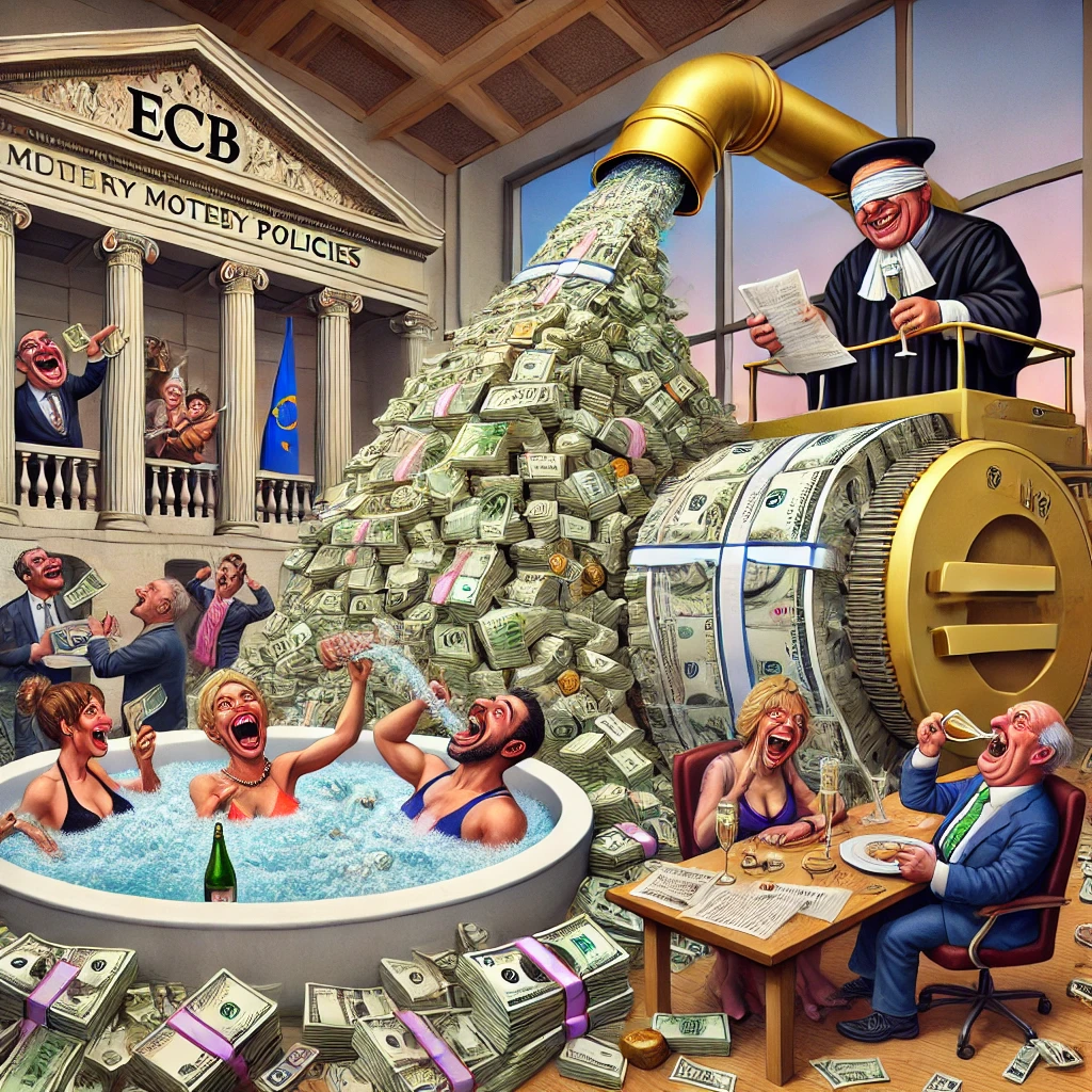 Een gigantische geldpers in een ECB-kantoor spuugt stapels bankbiljetten uit die rechtstreeks in een bubbelbad met bankiers en politici belanden. Ondertussen probeert een gewone burger een torenhoge stapel hypotheek- en energierekeningen te balanceren, terwijl een ambtenaar in toga een blinddoek op heeft en doet alsof hij niets ziet.