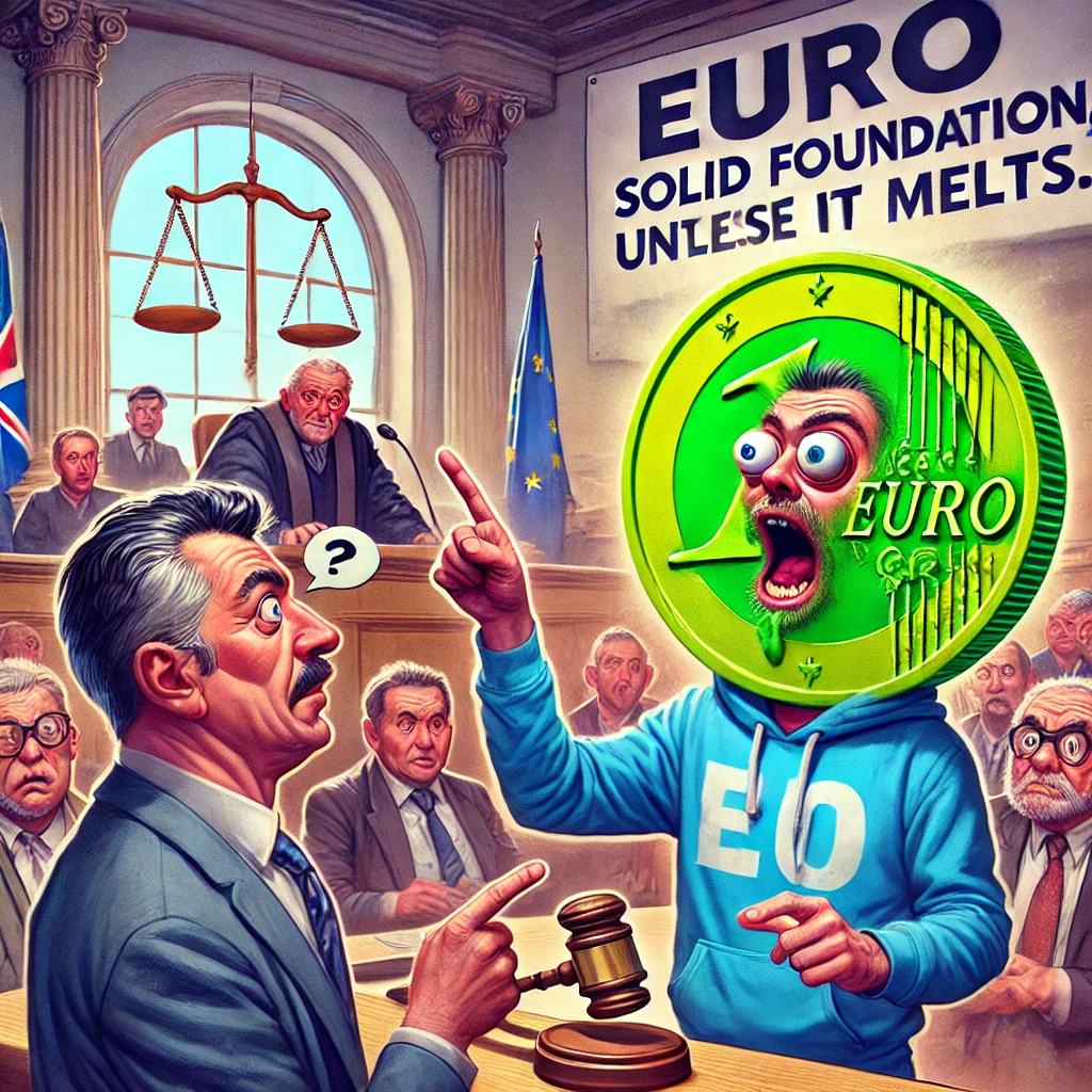 Een advocaat in een chaotische rechtszaal probeert een munt van water aan de rechter te overhandigen, terwijl een schuldeiser wanhopig een euro van plastic onderzoekt met een vergrootglas. Op de achtergrond hangt een bord met de tekst: “Euro: Solide Basis, Behalve Als Het Smelt.”