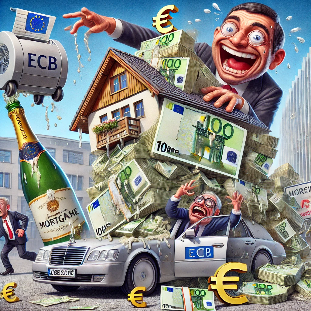 Een nerveuze huiseigenaar met een torenhoge hypotheekschuld probeert wanhopig zijn huis vast te houden terwijl een enorme, grijnzende ECB-bankier in een limousine voorbijkomt, champagne drinkt en een geldpers in de achterbak heeft staan. Op de achtergrond rent een belegger schreeuwend weg met smeltende eurobiljetten in zijn handen.