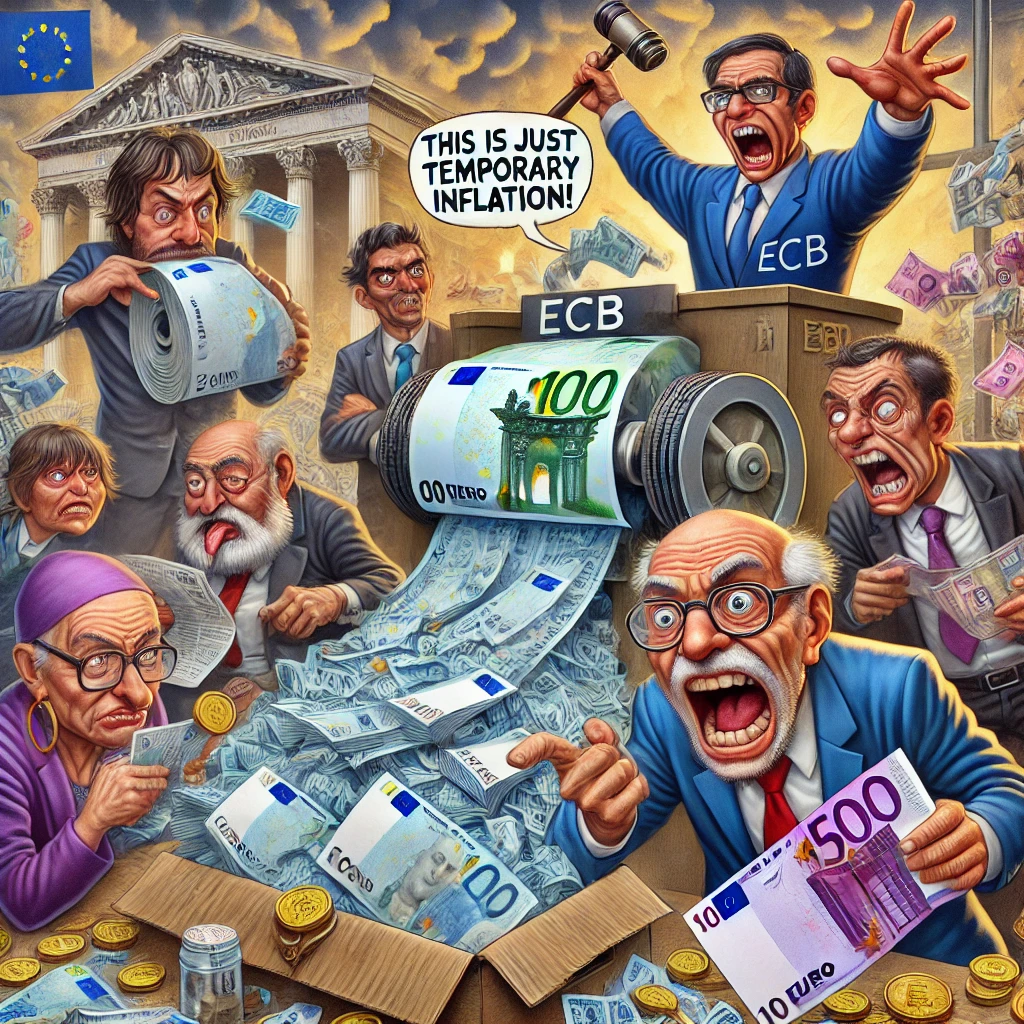 Een chaotische scène waarin een ECB-functionaris een oververhitte geldpers probeert te stoppen, terwijl spaarders en gepensioneerden geschokt toekijken. De eurobiljetten rollen uit de machine als waardeloos papier, terwijl een EU-rechter klaarstaat om de hamer te laten vallen.