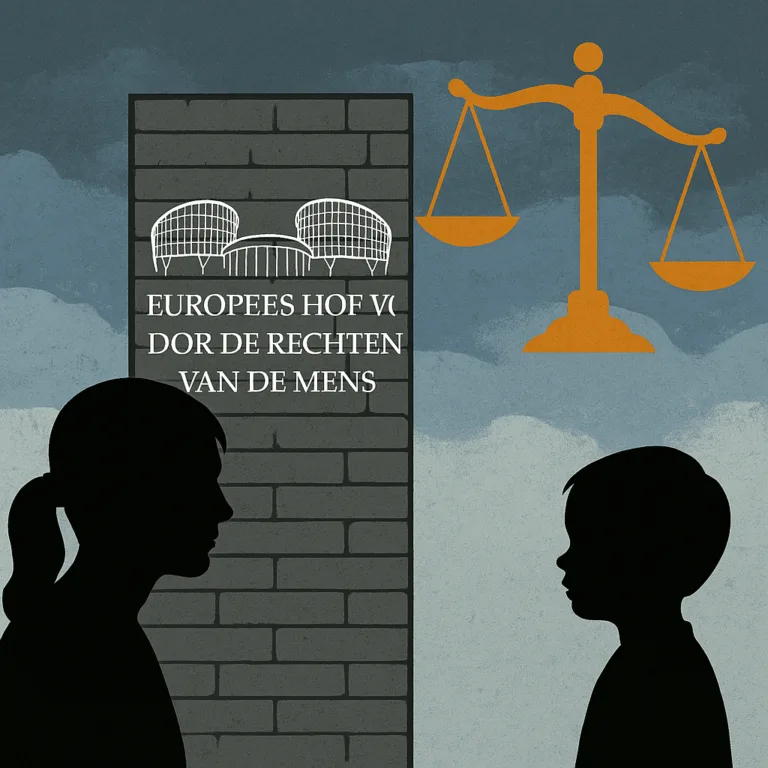 Illustratie van moeder en kind gescheiden door muur met logo EHRM en uit balans zijnde weegschaal.