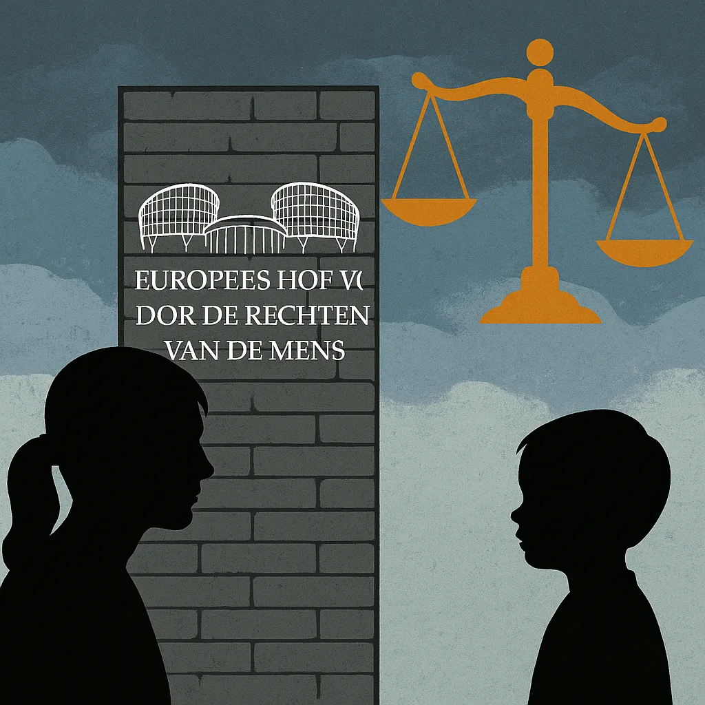 Illustratie van moeder en kind gescheiden door muur met logo EHRM en uit balans zijnde weegschaal.