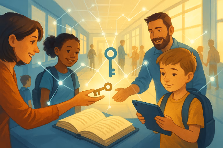 Ouders en kinderen overhandigen een digitale sleutel aan een leerling met tablet in een transparante, verbindende schoolomgeving.