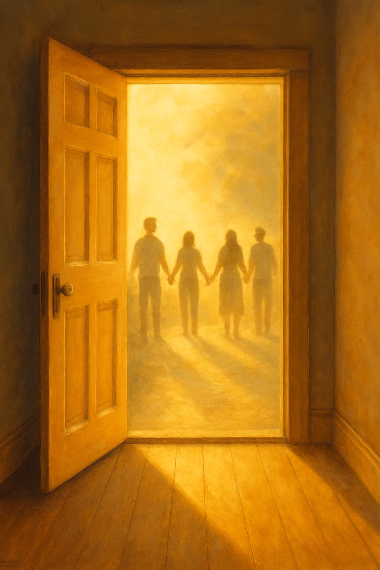 Een openstaande deur laat warm licht binnen, terwijl mensen zich vrij en verbonden rondom de ingang verzamelen.