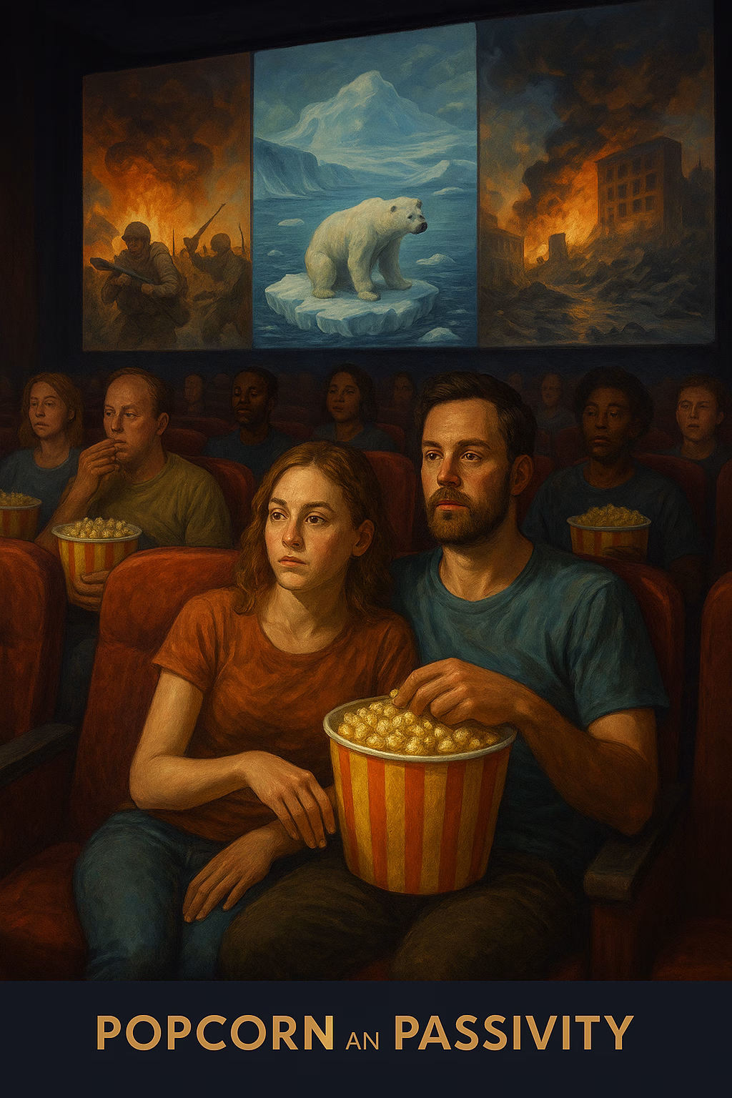 Mensen eten popcorn in een bioscoop terwijl op het scherm wereldproblemen worden geprojecteerd.