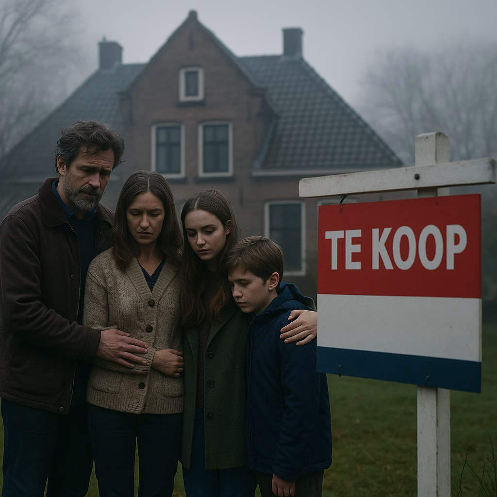 Familie kijkt verdrietig toe terwijl een Te Koop-bord bij hun huis wordt geplaatst.
