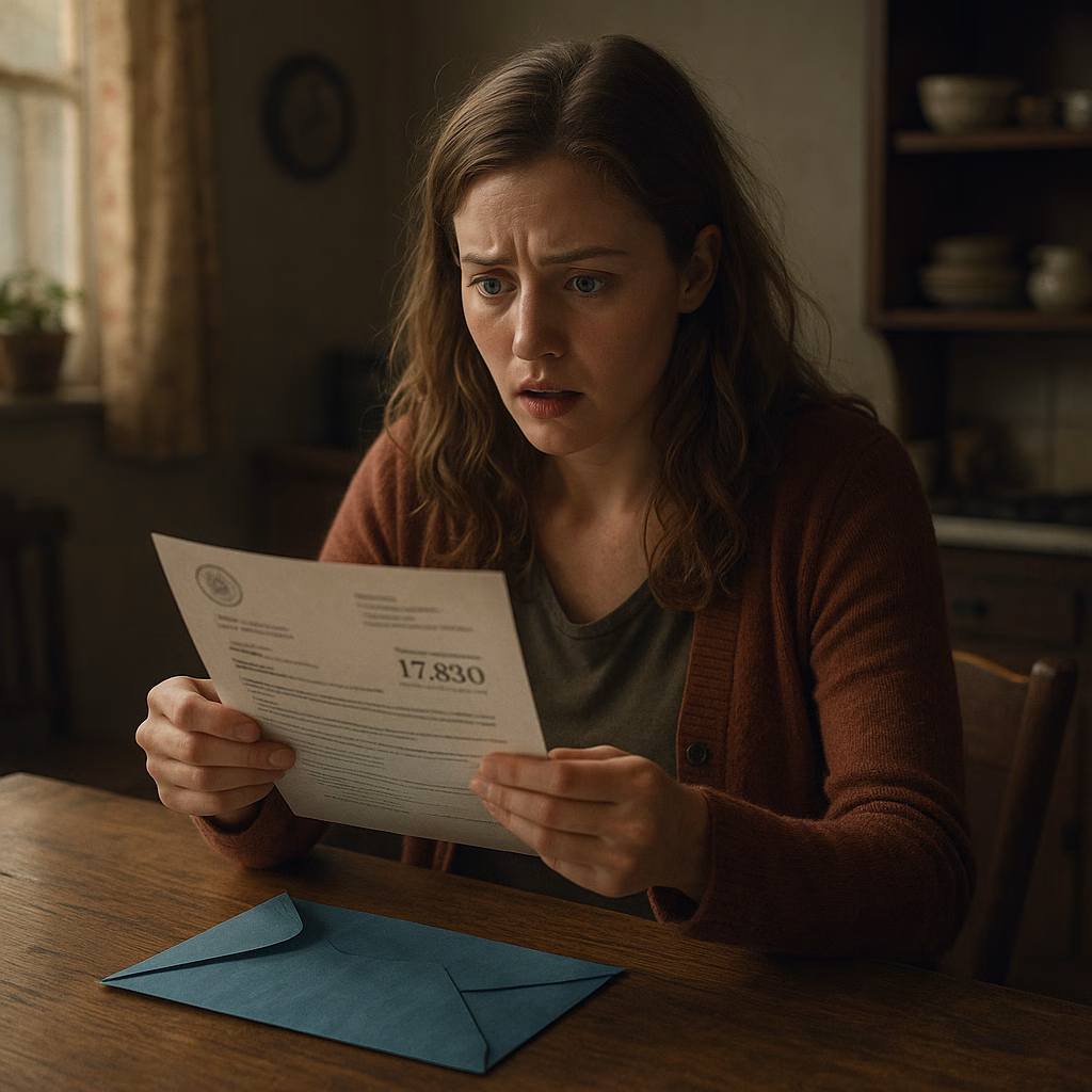 Vrouw opent belastingbrief en kijkt geschrokken naar erfbelastingschuld.