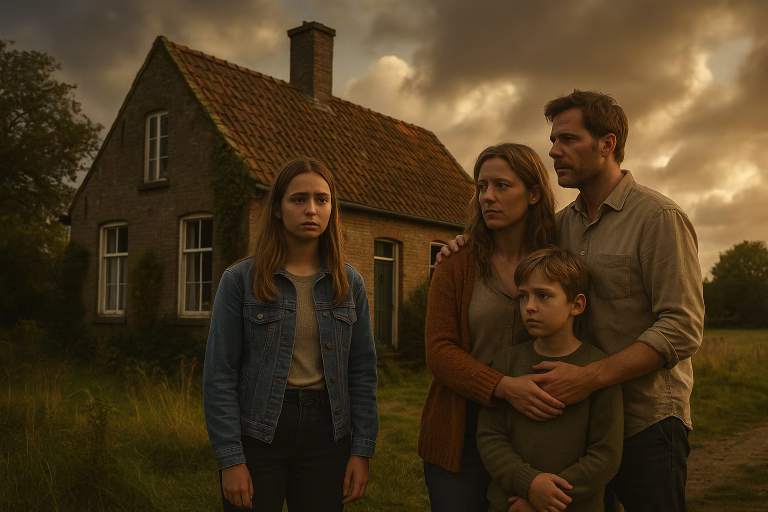 Familie voor hun ouderlijk huis, bezorgd over toekomstig erfgoed door erfbelasting.