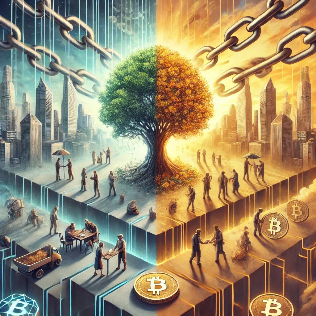 Twee werelden: blockchainkettingen die mensen insluiten tegenover een gemeenschap die een boom van licht en waarden plant.