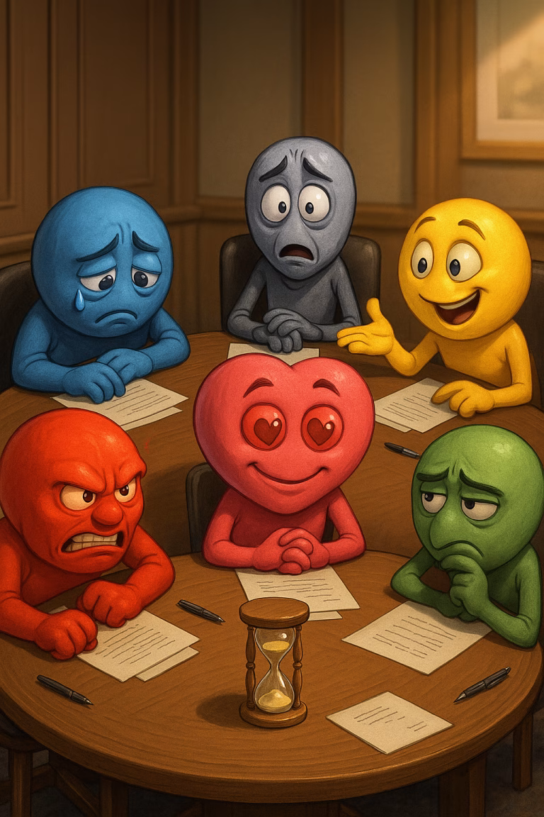 Illustratie van emoties en rede die samen rond een tafel overleggen in een harmonieuze sfeer.