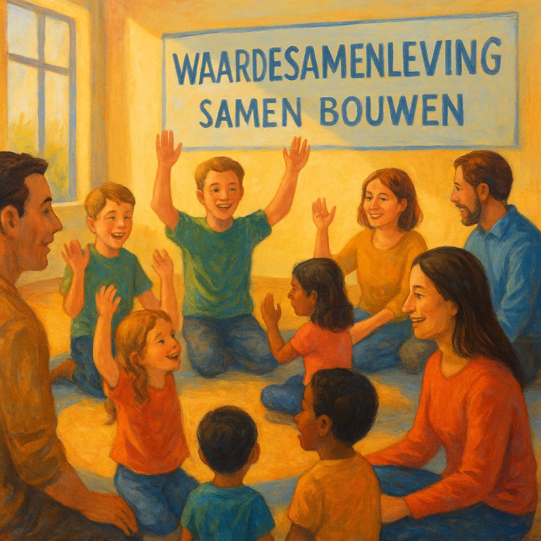 Kinderen en ouders in een kring tijdens een creatieve workshop over burgerschap.