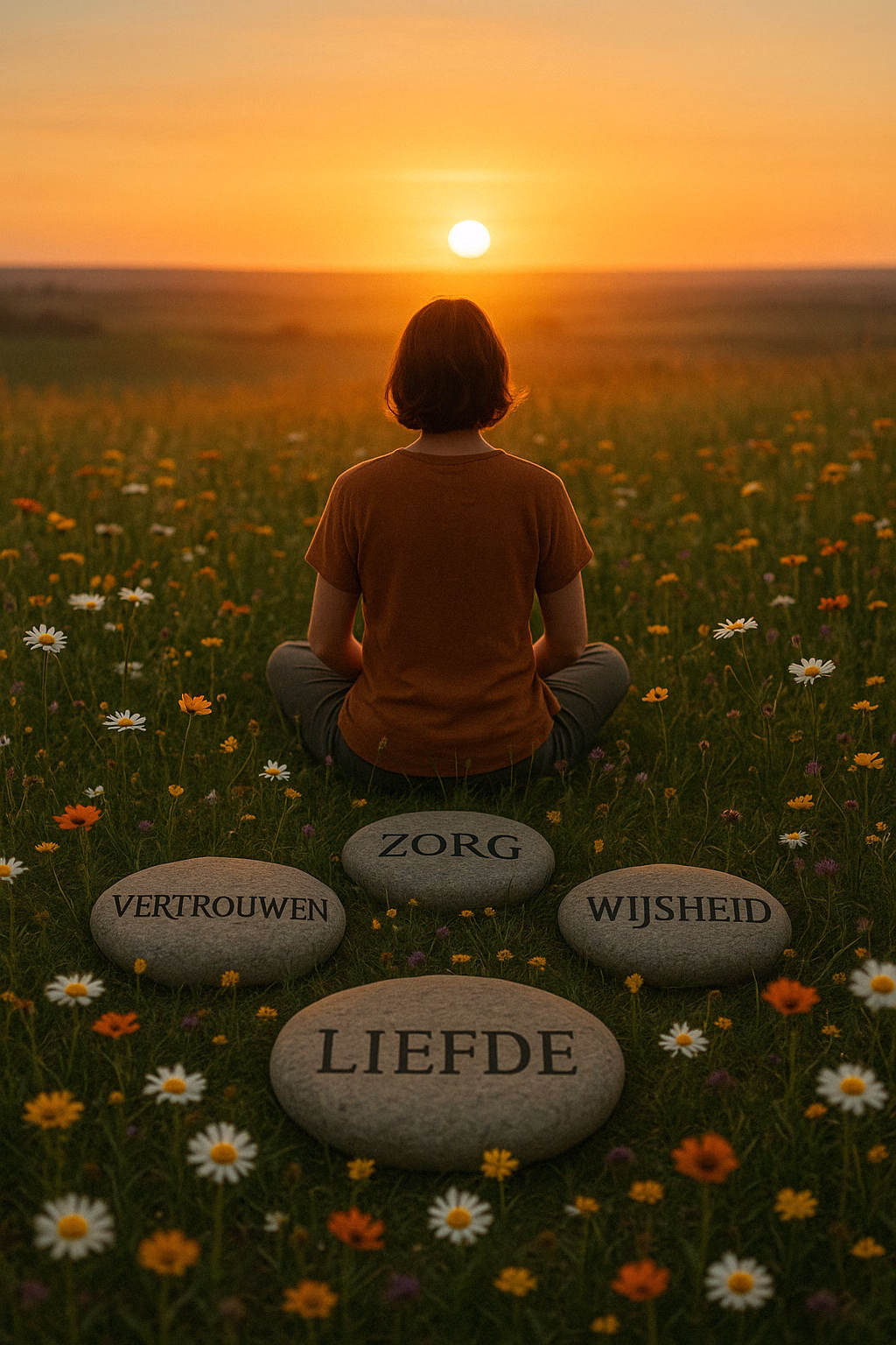 Persoon mediteert in een veld, omringd door stenen met spirituele waarden.