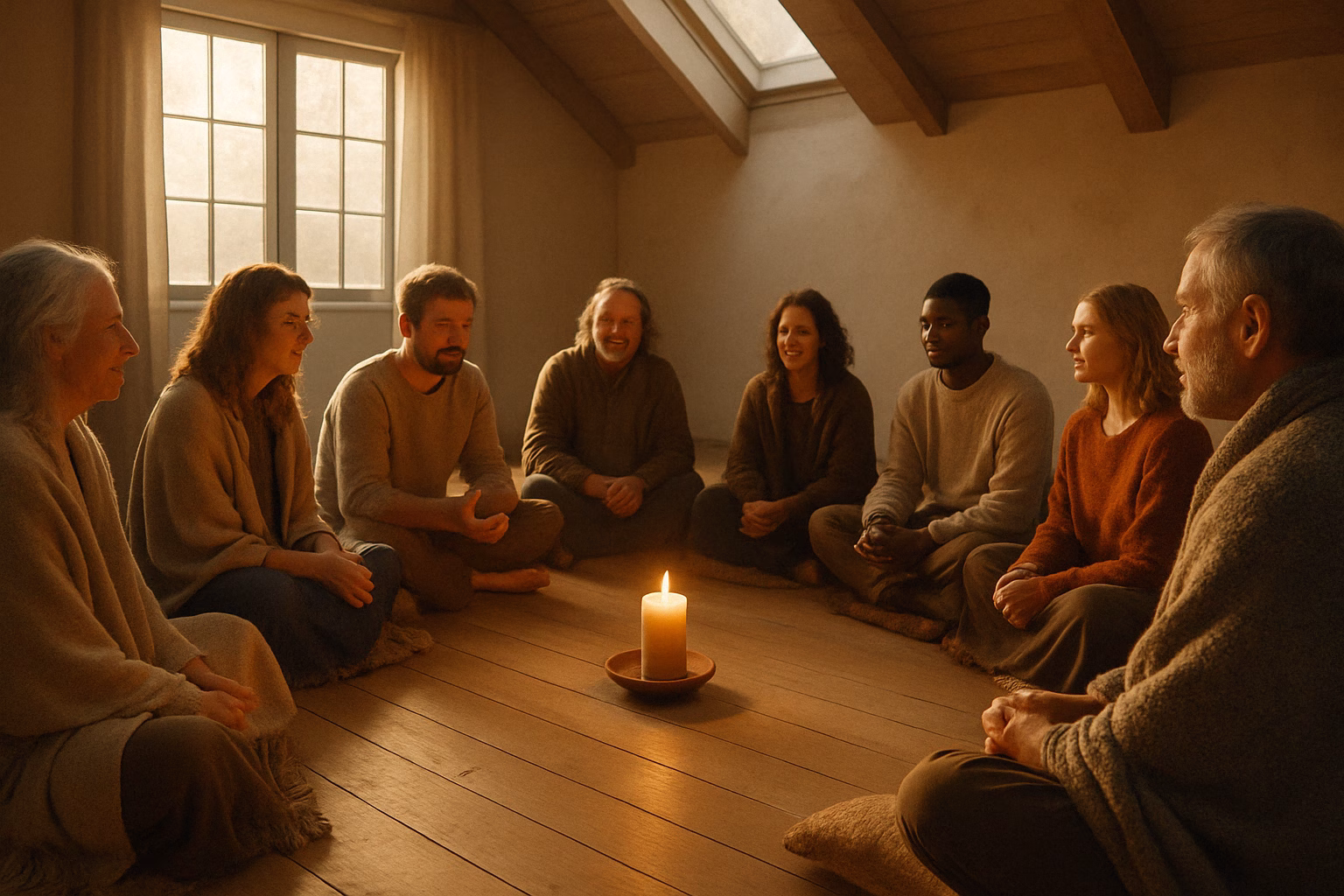 Mensen in cirkel delen stilte en verhalen rond een kaars, symbool voor gemeenschap.