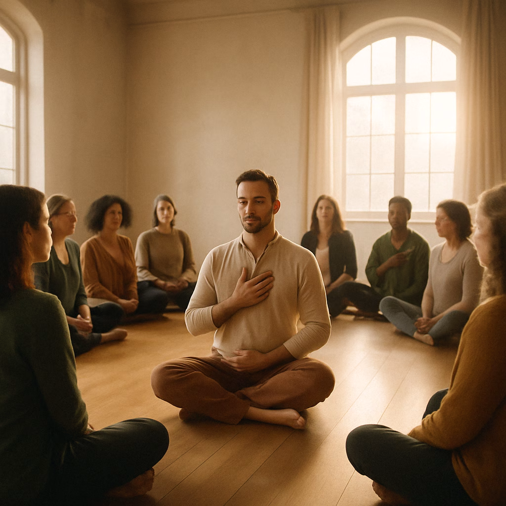 Mensen zitten in een cirkel in stilte, met een leider in het midden in reflectie.