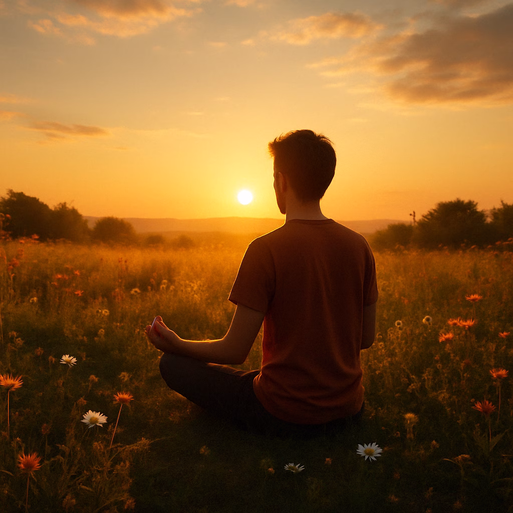 Persoon mediteert in de natuur bij zonsopgang.