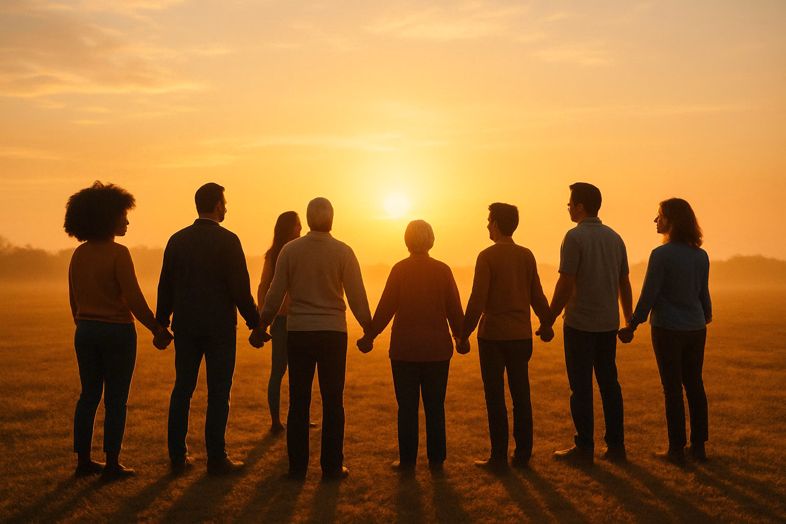 Mensen van diverse achtergronden hand in hand in een cirkel bij zonsopgang.