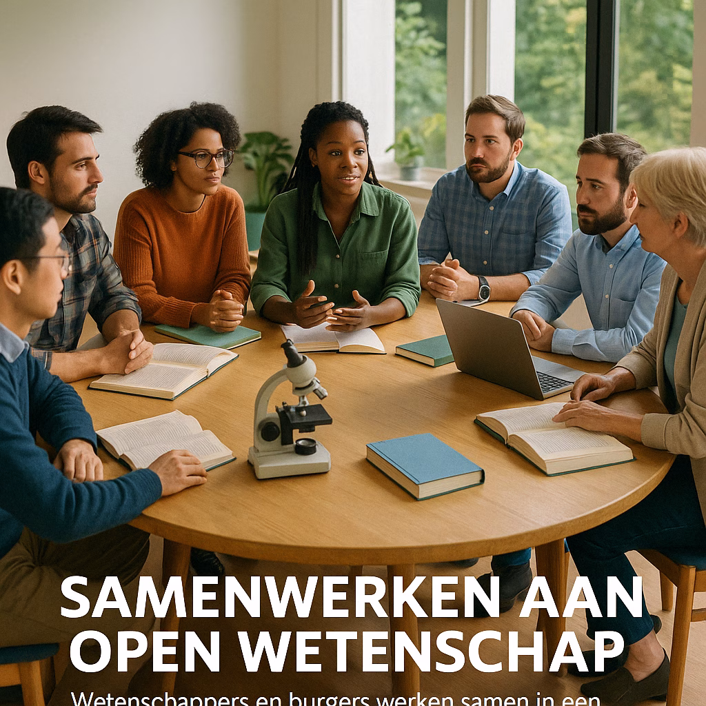 Een diverse groep mensen in gesprek aan een ronde tafel, symboliserend open wetenschappelijke samenwerking.