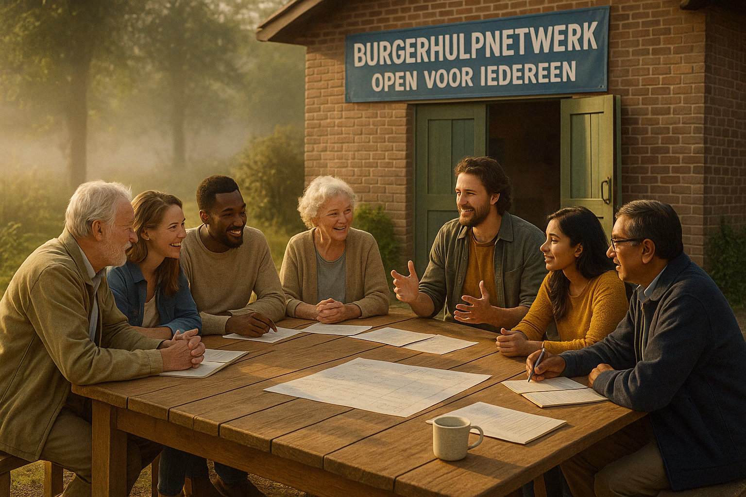 Burgers plannen lokale samenwerking aan een open netwerktafel in de buitenlucht.