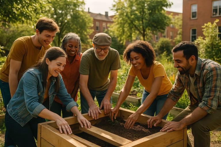 Zes mensen van verschillende leeftijden werken samen aan een tuinproject in een groene wijk.
