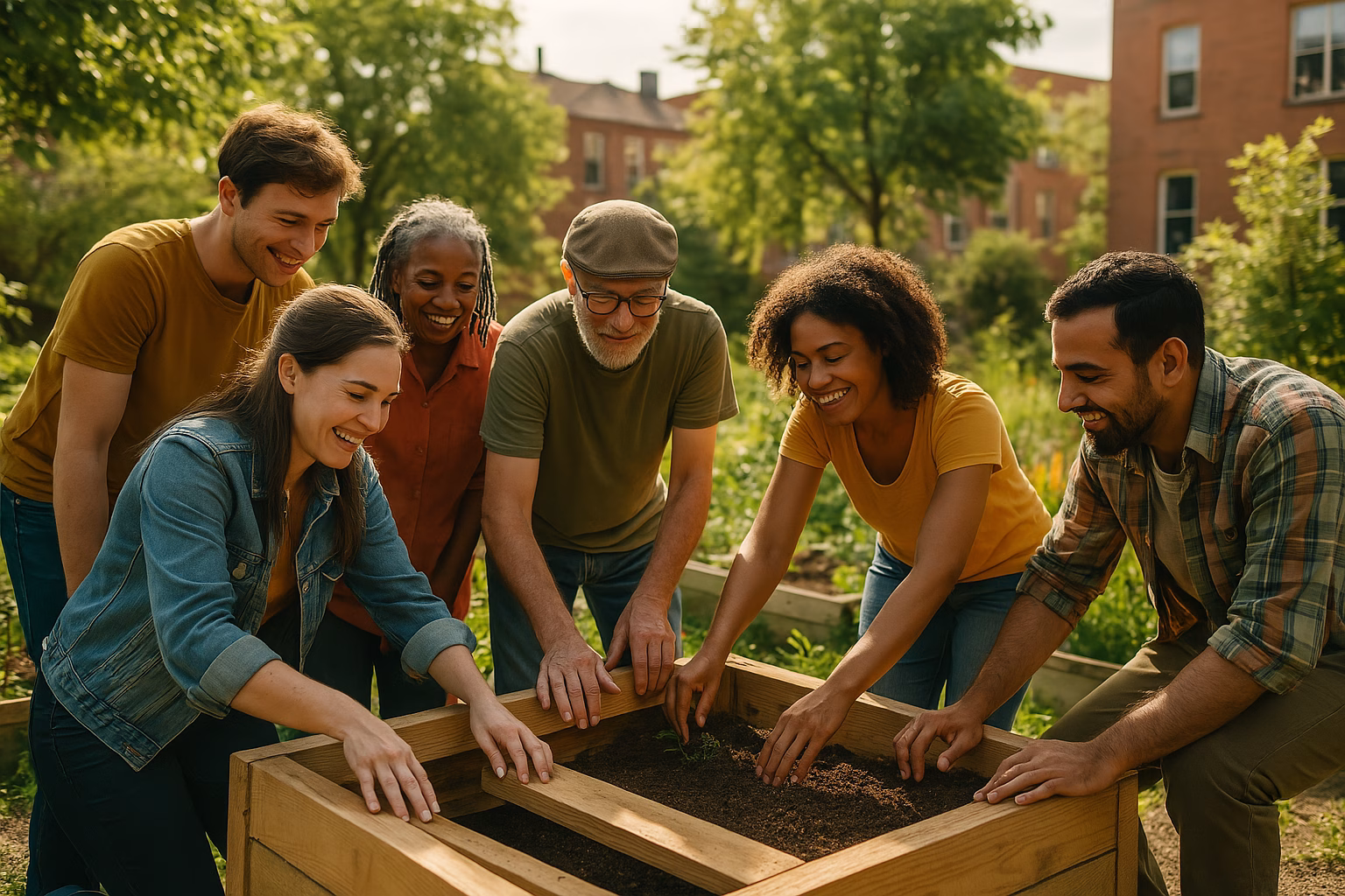Zes mensen van verschillende leeftijden werken samen aan een tuinproject in een groene wijk.