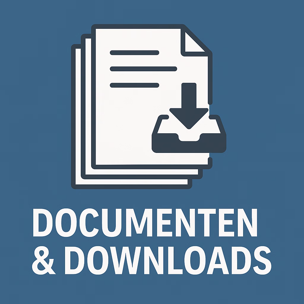Gestileerde illustratie van drie documenten met downloadpictogram en tekst “Documenten & Downloads”
