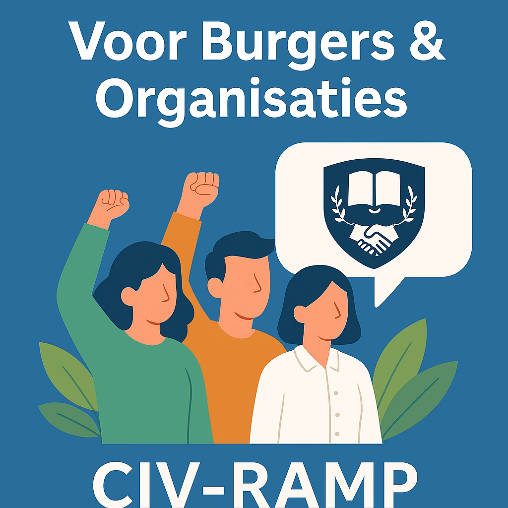 Drie burgers met geheven vuist naast een schild met handdruk en boek – symbool voor burgerparticipatie via CIV-RAMP