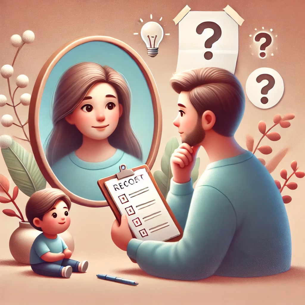 Cartoonachtige illustratie van een ouder die in de spiegel kijkt en daarin zichzelf ziet in interactie met een kind, met symbolen van reflectie en persoonlijke groei op de achtergrond.