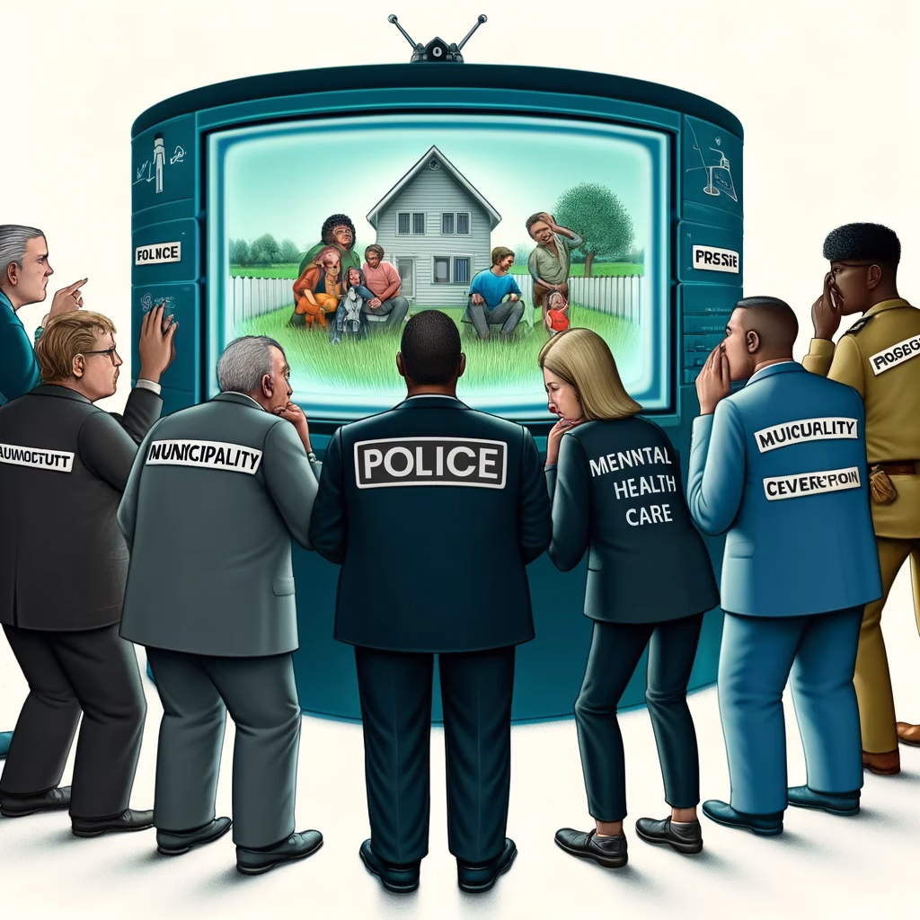 Cartoon van professionals rond een bewakingsmonitor die stiekem een gezin in huis observeren, met satirische toon.