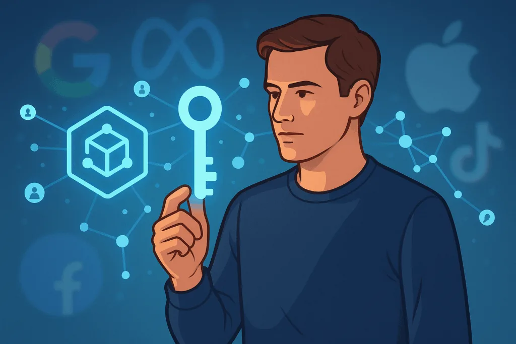 Illustratie van een individu met een digitale sleutel, symboliserend controle over persoonlijke data in een Web 3.0-omgeving.