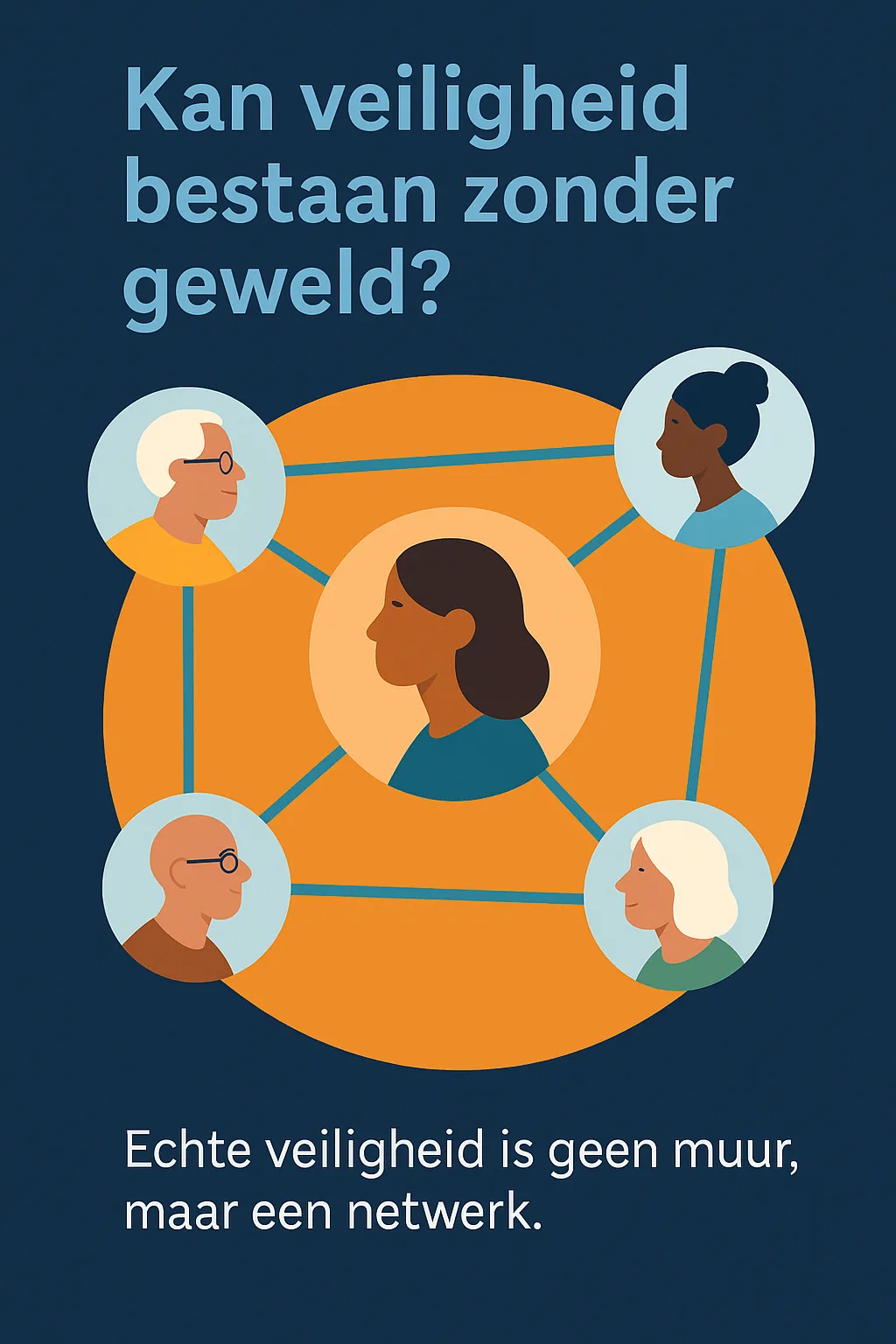 Illustratie van verbonden mensen in een netwerk met de tekst “Kan veiligheid bestaan zonder geweld?” en “Echte veiligheid is geen muur, maar een netwerk”.
