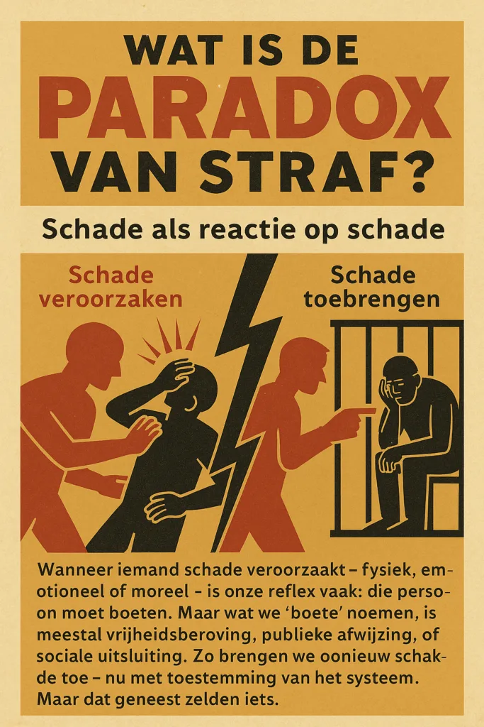 Illustratie met een man in oranje kledij voor een gevangeniscel en een huilende vrouw, onder de kop: “Wat is de paradox van straf? Schade als reactie op schade”.