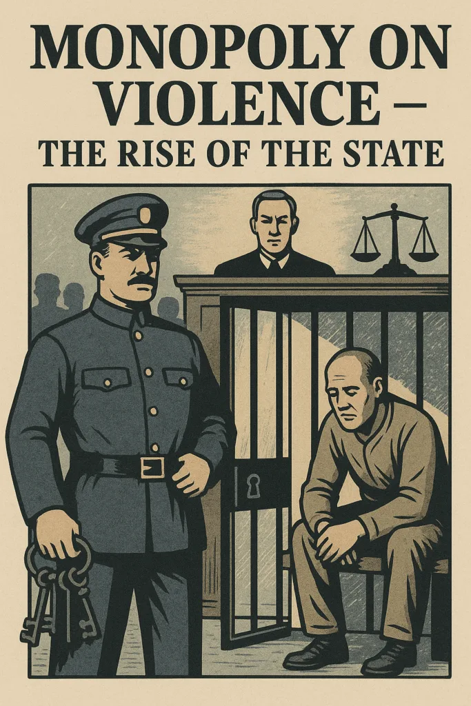 Illustratie van een bewaker met sleutelbos voor een gevangeniscel, een zittende gevangene en een rechter met weegschaal, onder de titel: “Monopoly on Violence – The Rise of the State”.