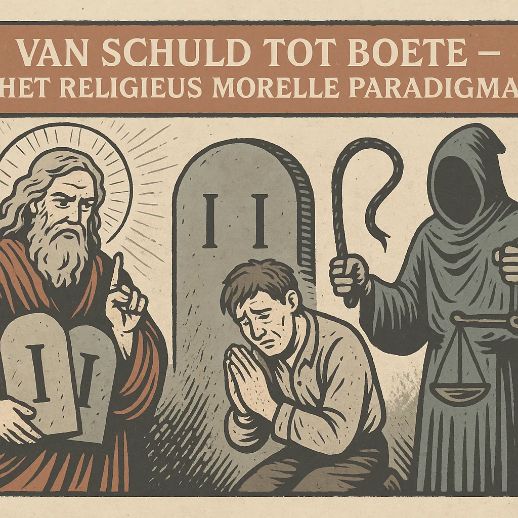 Illustratie met knielende man tussen een goddelijke figuur en een donkere gestalte met een zweep en weegschaal, onder de tekst “Van schuld tot boete – het religieus morele paradigma”.