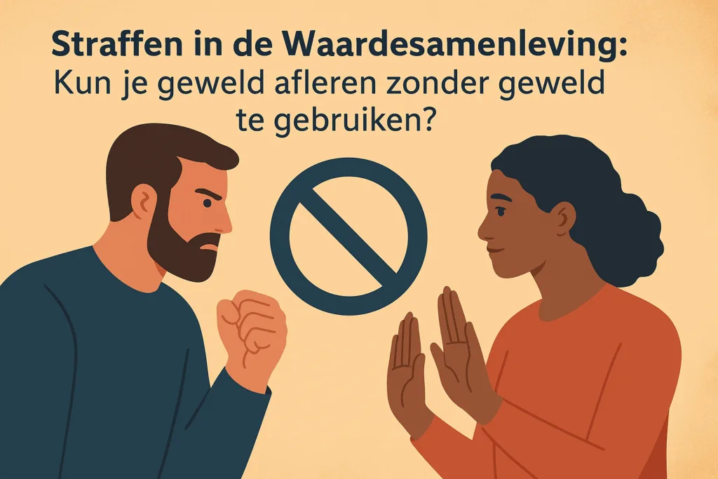Illustratie van een man met een vuist tegenover een vrouw met open handen, met een verbodssymbool ertussen, onder de tekst: “Straffen in de Waardesamenleving: Kun je geweld afleren zonder geweld te gebruiken?”