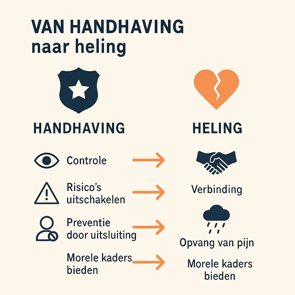 Infographic met vergelijking tussen handhaving (controle, risico’s uitschakelen) en heling (verbinding, opvang van pijn, morele kaders bieden).
