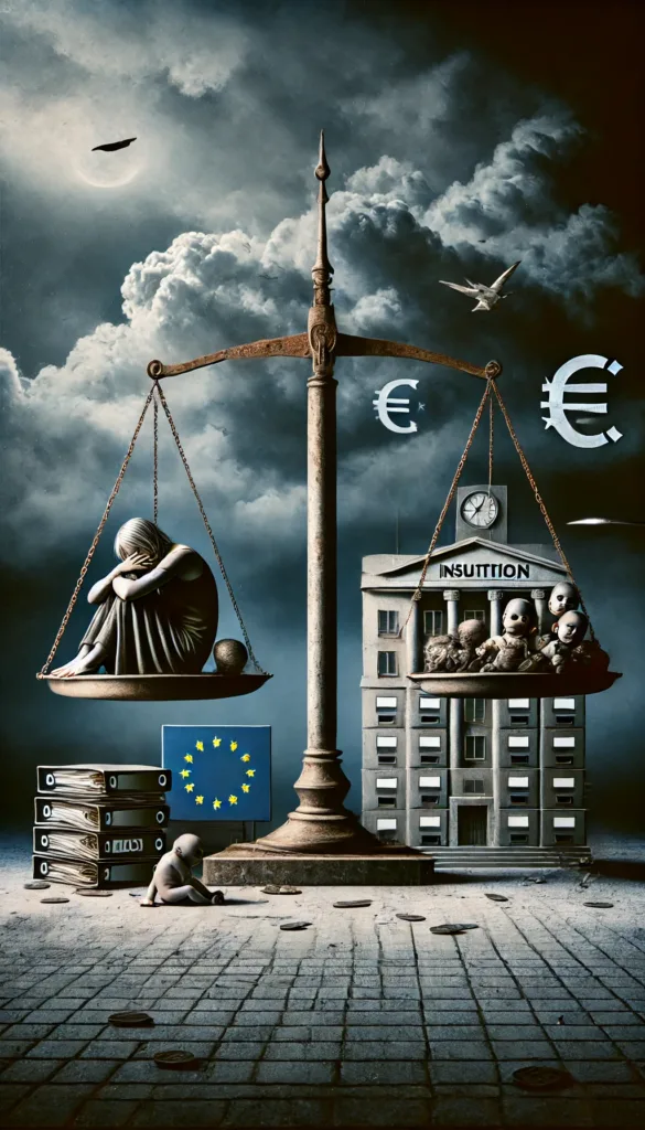 Een weegschaal die laat zien hoe ouders onder druk staan in contrast met instellingen die veilig lijken maar risicovol zijn.