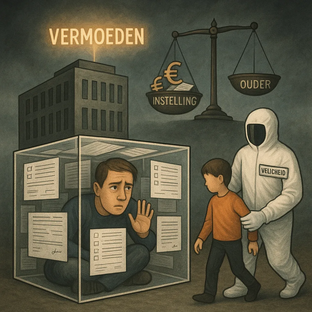 Een ouder gevangen in een transparante kubus van formulieren kijkt wanhopig toe hoe zijn kind wordt meegenomen door een figuur in een wit pak met het label 'veiligheid', terwijl een scheve weegschaal boven een overheidsgebouw de instellingen bevoordeelt.