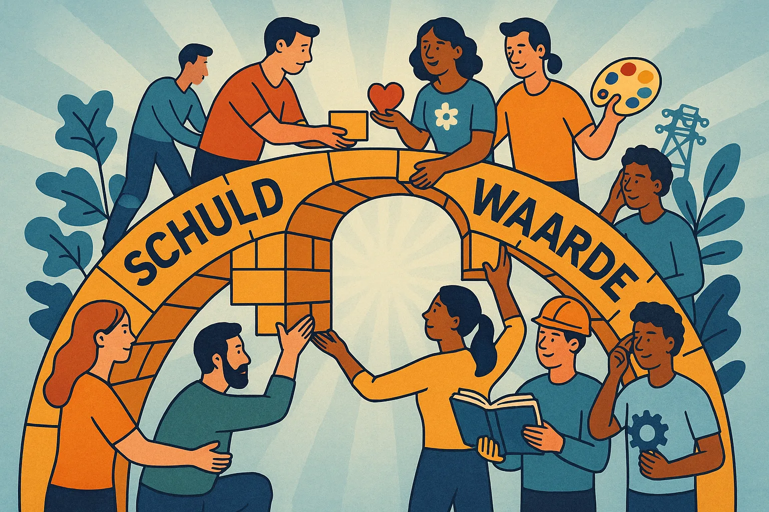 Mensen bouwen samen een brug van ‘Schuld’ naar ‘Waarde’, met symbolen voor zorg, techniek, kunst en onderwijs – illustratie van samenwerking en transformatie.